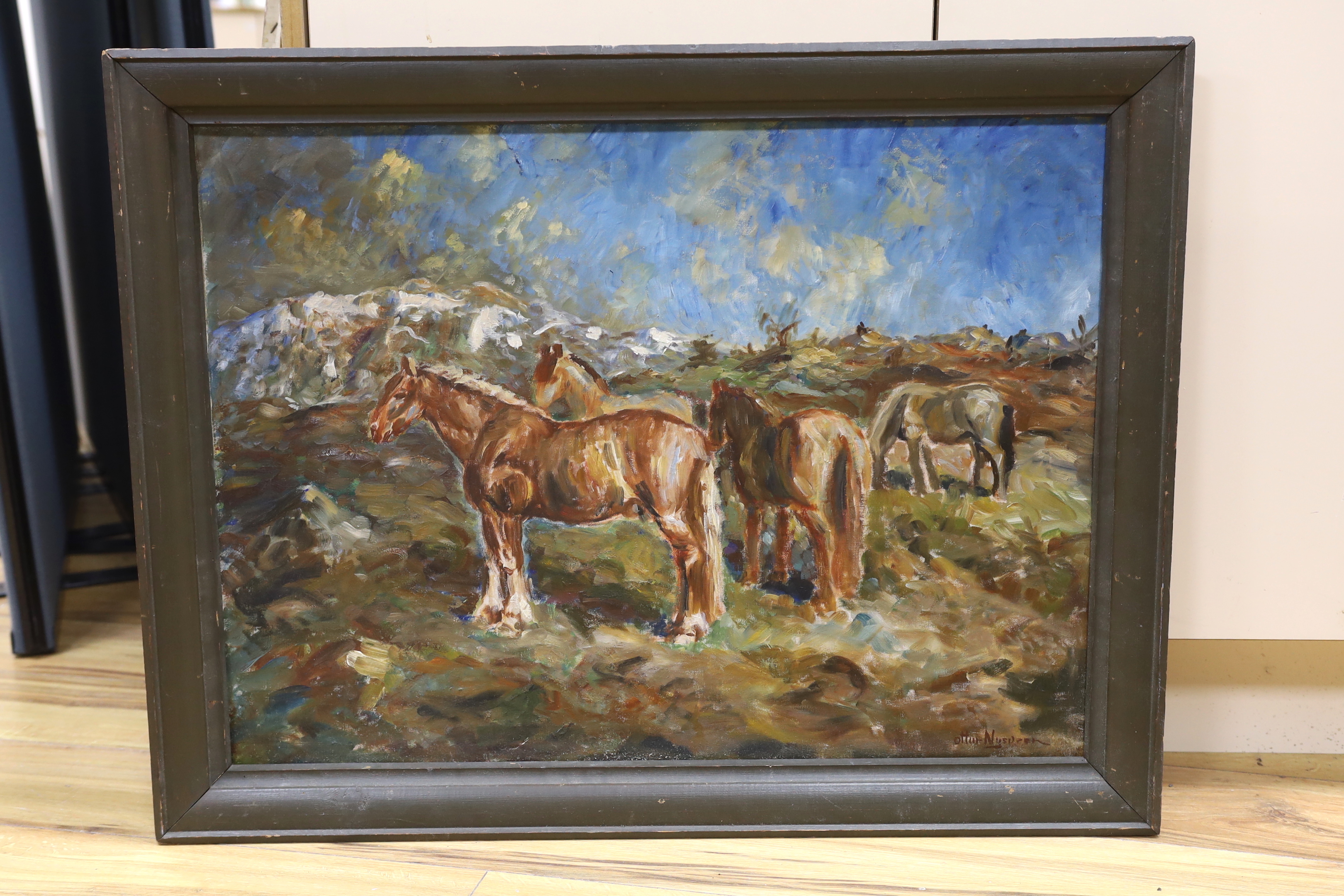 Ottur Nys- - - - (?), oil on canvas, 'Life without boundaries', ponies on a hillside, signed, 55 x 74cm